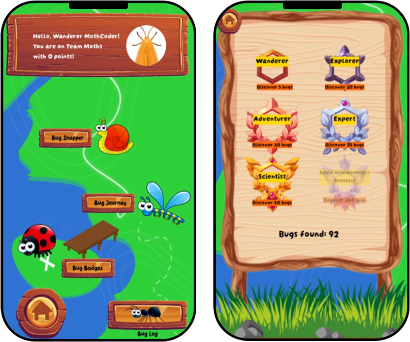 two screenshots of an app; a homepage of the app showing a grassy landscape and options such as 'Bug Snapper' and 'Bug Journey'; and a rewards page with different coloured badges.